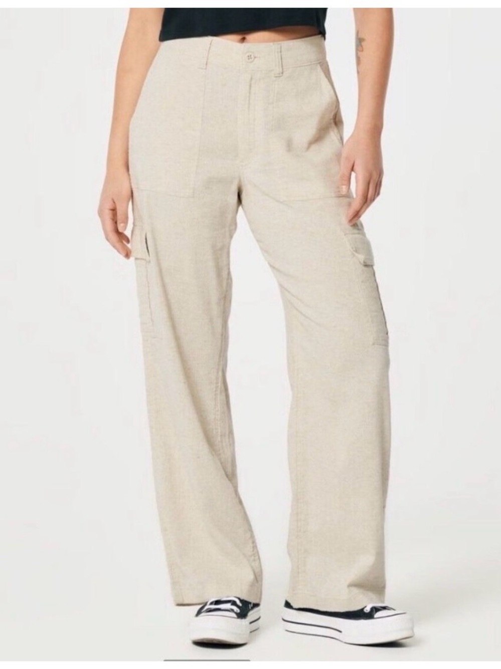 Hollister Ultra High Rise Vintage Baggy Pants Light Tan Cotton Linen Size Large